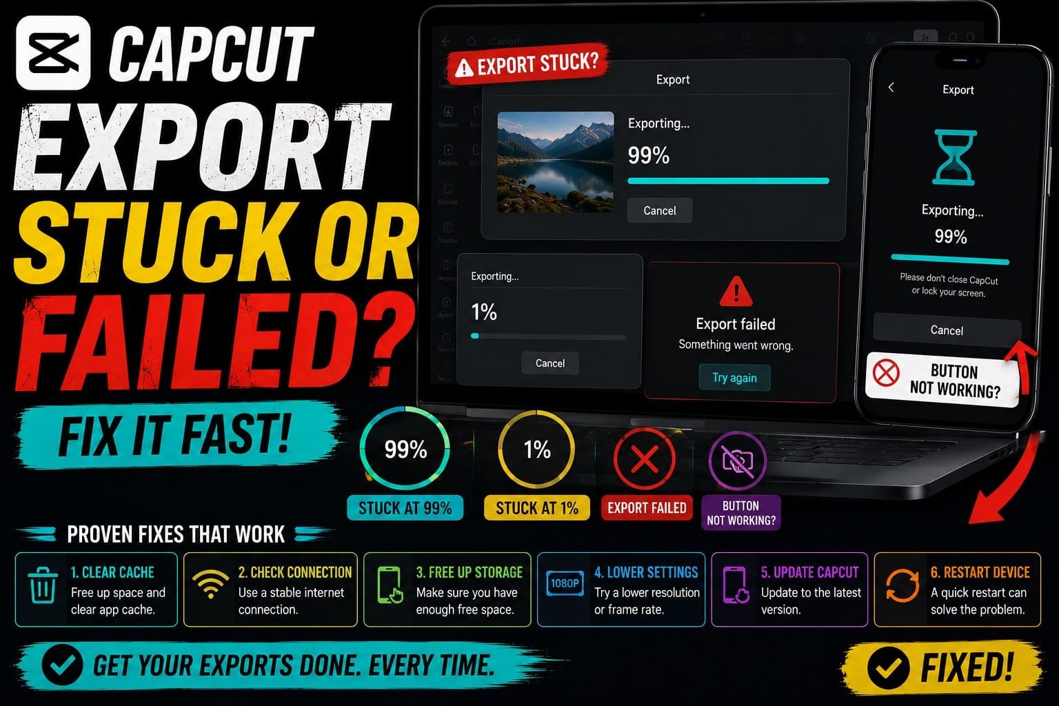 CapCut export stuck or failed: 99%, 1% and button fixes