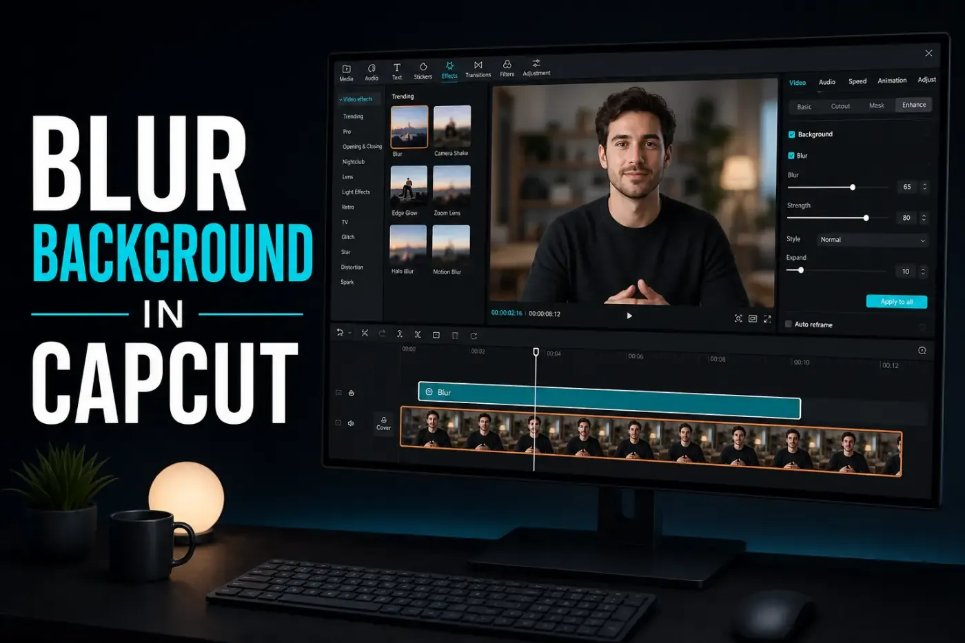 CapCut editor with a sharp subject over a blurred video background