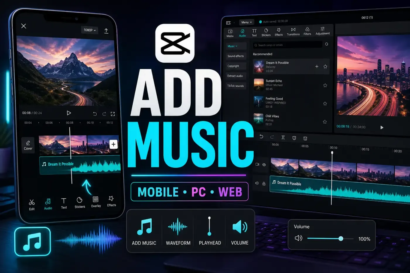 CapCut Mobile and Desktop editors with music waveforms, playheads and volume controls