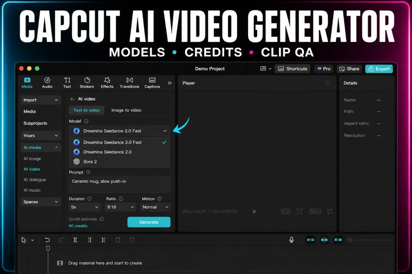 CapCut AI video generator workflow from model selection through credit quote to clip review