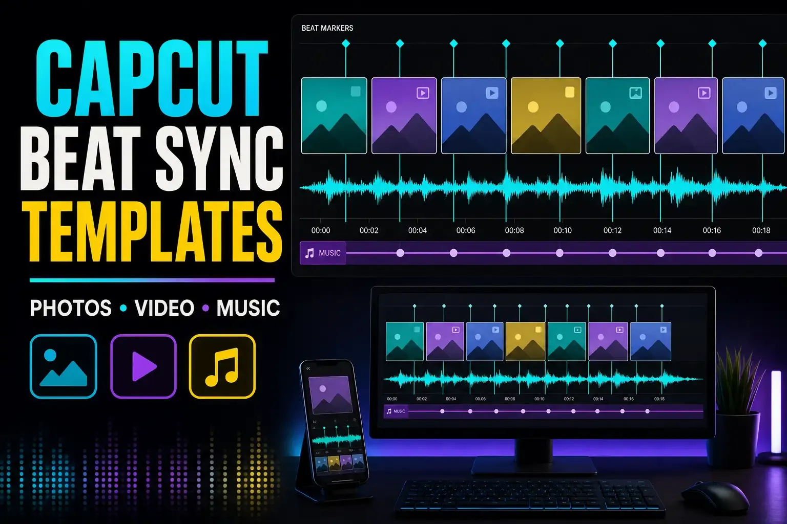 CapCut beat-sync templates aligning photos and video clips to music markers on Mobile and Desktop