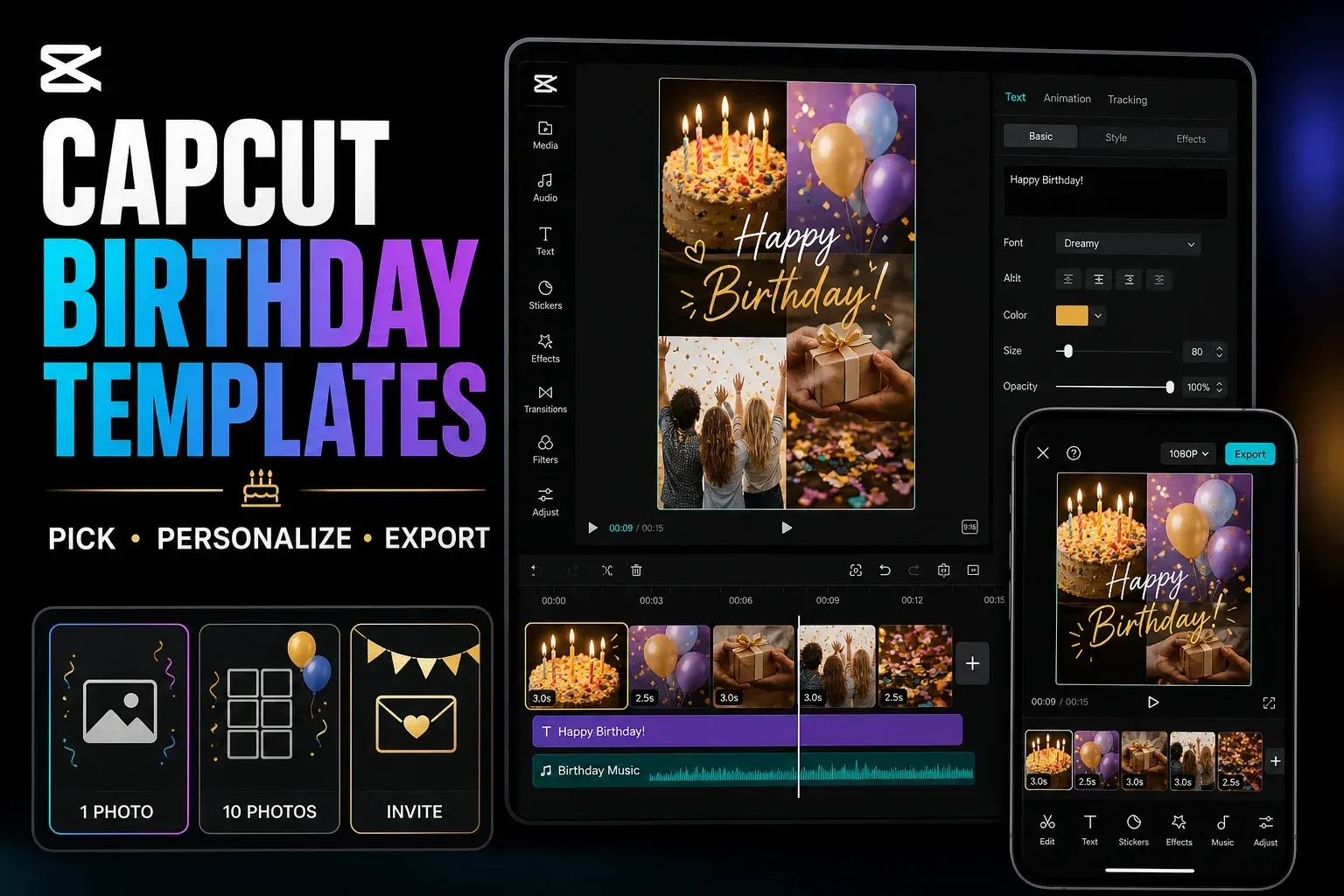 CapCut birthday template editor with one-photo, ten-photo and invitation choices