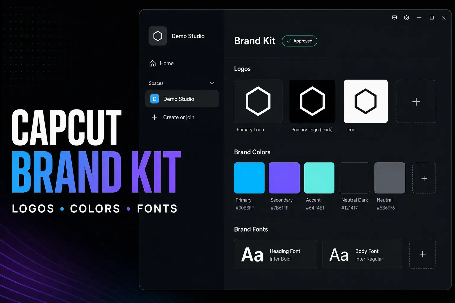 CapCut Brand Kit workspace with approved logos, brand colors and fonts