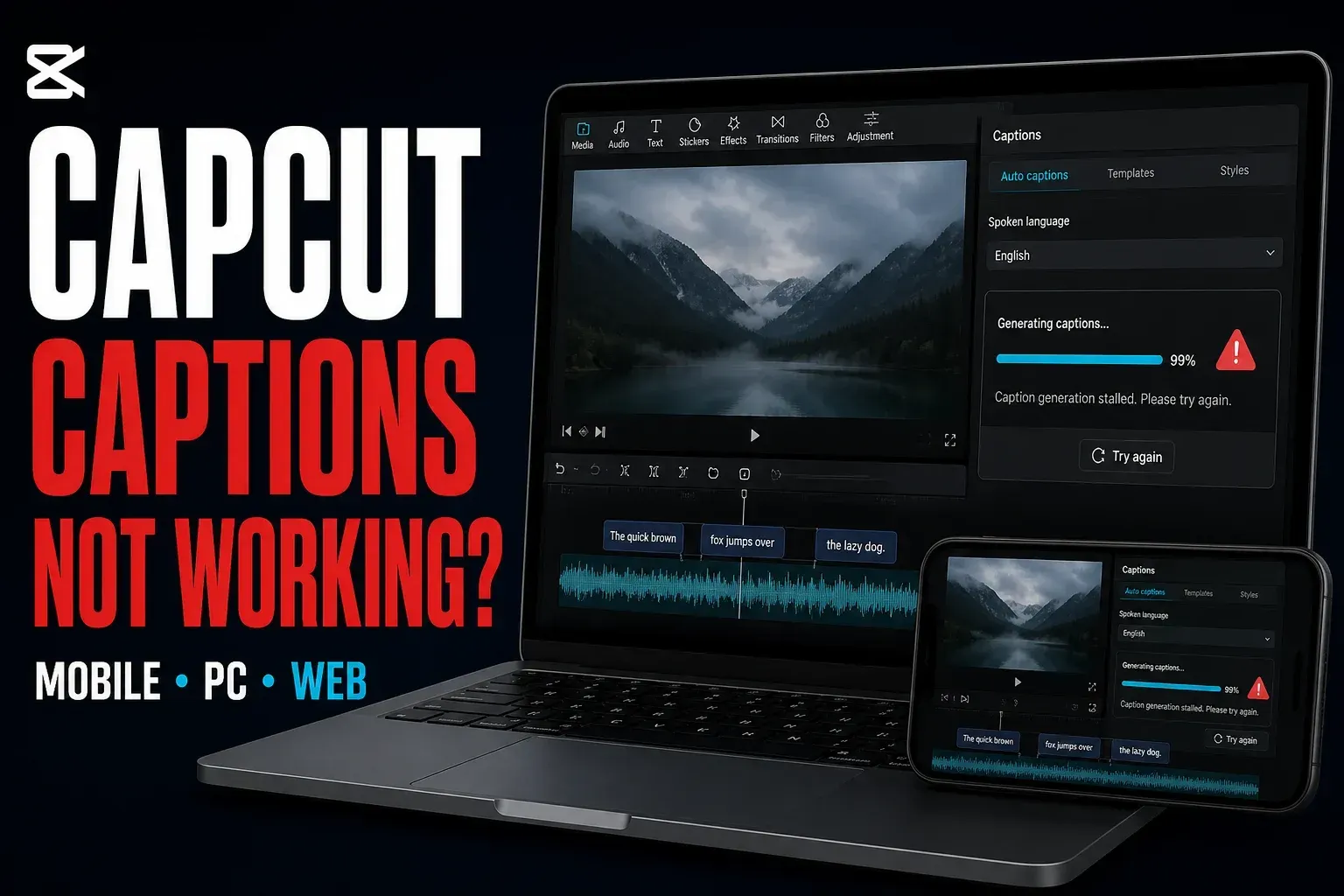CapCut captions not working on Desktop and Mobile with generation stalled at 99 percent