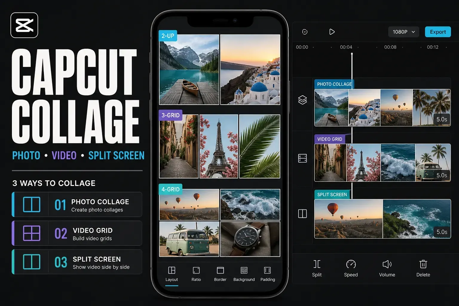 CapCut collage templates for photo grids, video collages and split-screen editing