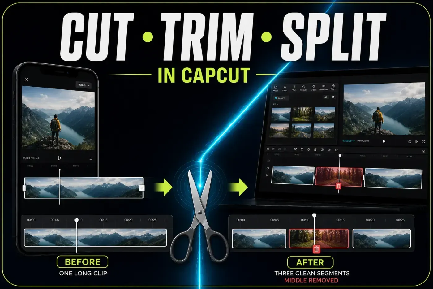 CapCut Mobile and Desktop timelines showing a long clip split into clean sections