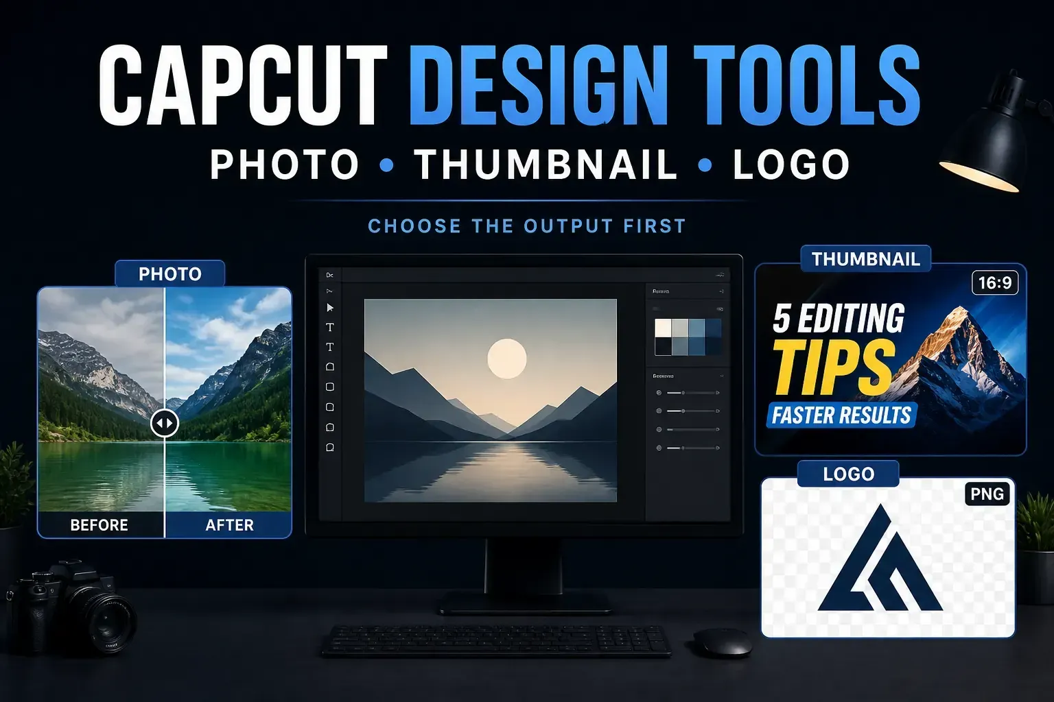 CapCut design tools hub for photo editing, YouTube thumbnails and logo creation