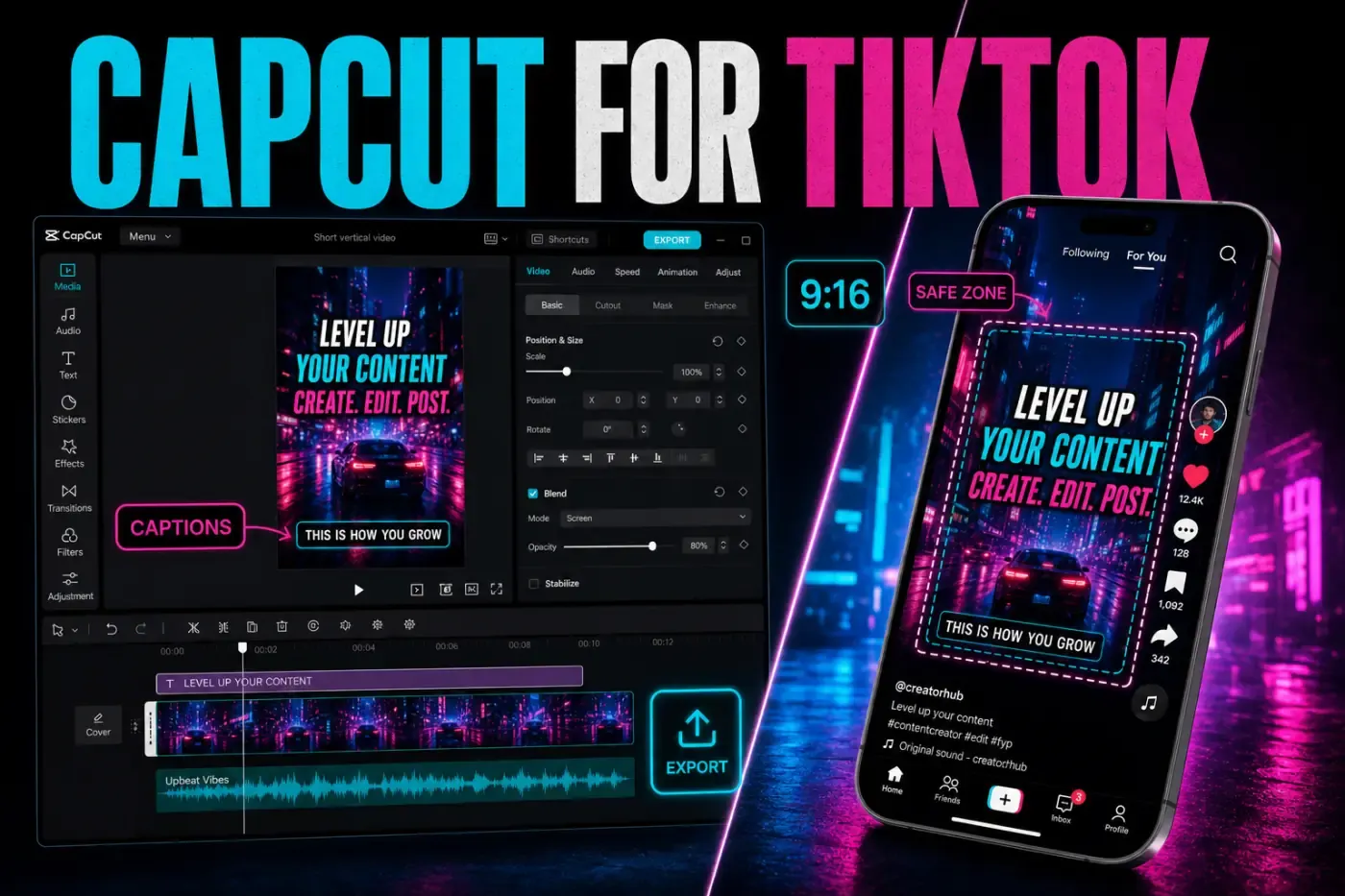 CapCut editor and TikTok preview with captions and a safe-zone guide