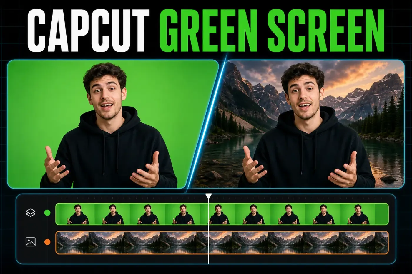 CapCut green screen tutorial showing a creator before and after chroma key removal