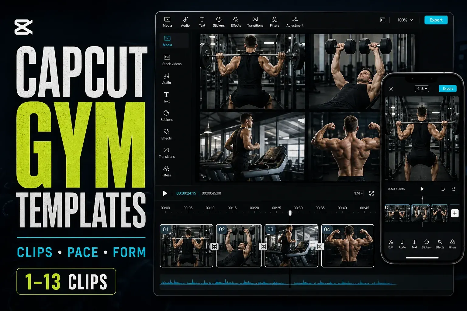 CapCut gym templates cover with gym footage, vertical preview and one-to-13-clip editing timeline