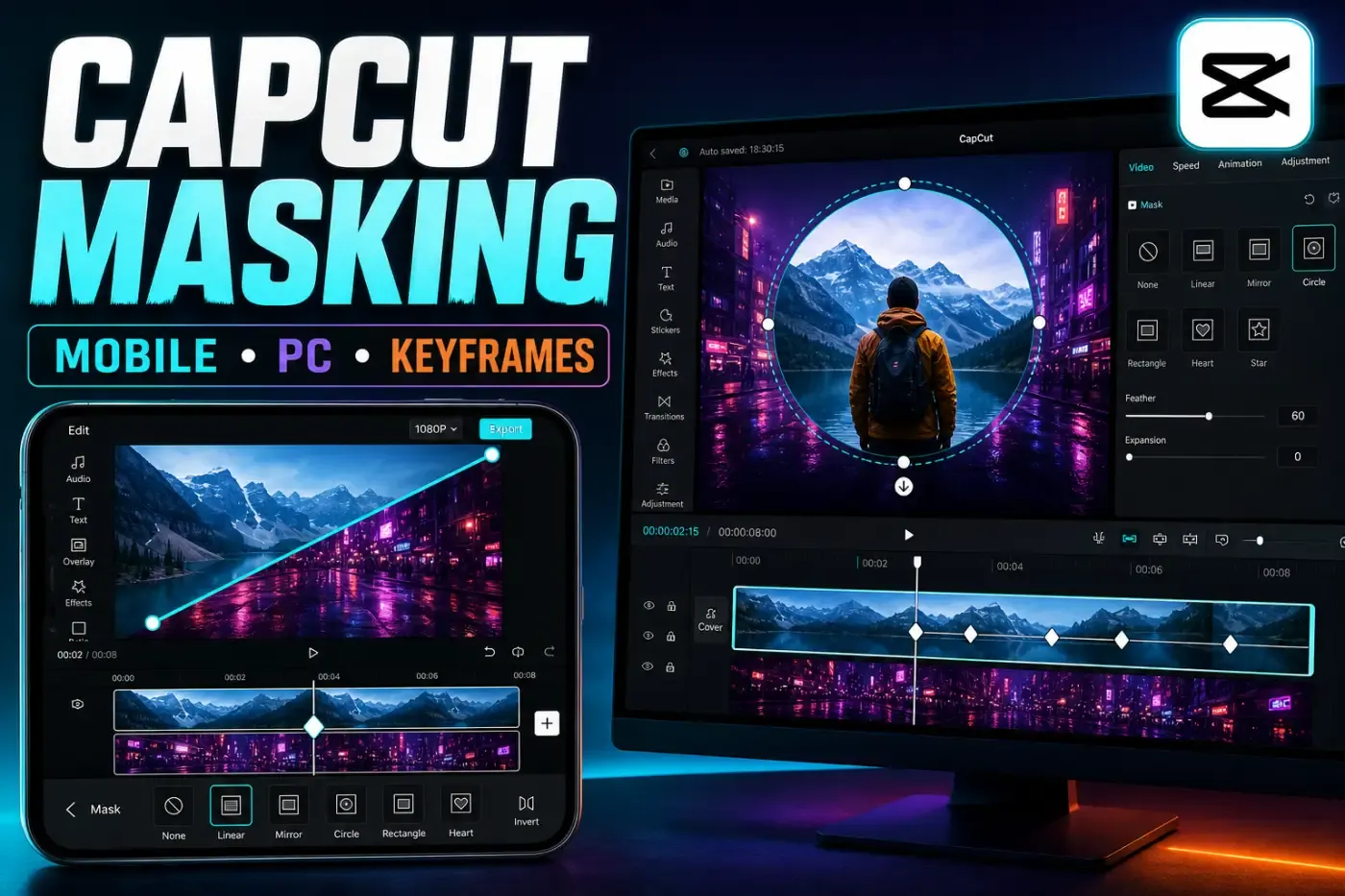 CapCut Mobile and Desktop editors with split, circle and keyframed video masks