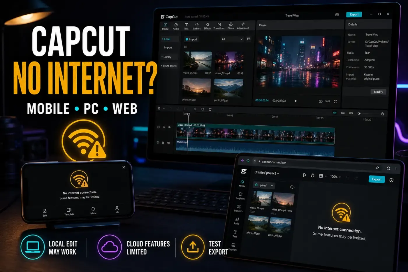 CapCut Mobile, Desktop and Web editors showing connection warnings while a local timeline remains visible
