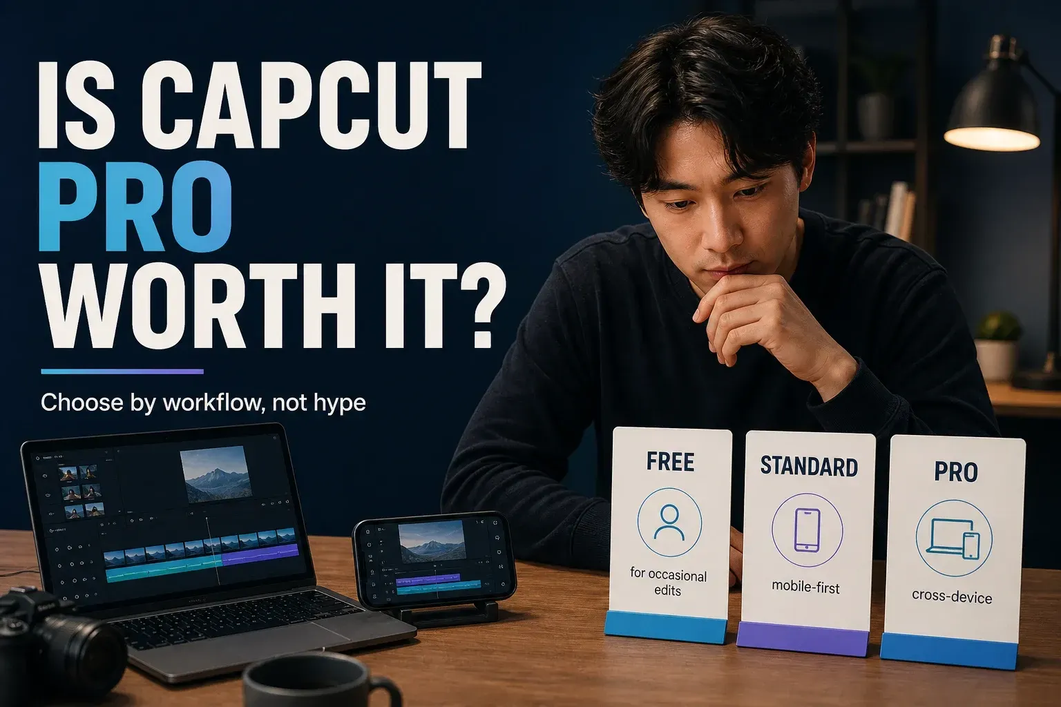 Creator comparing CapCut Free Standard and Pro for phone and desktop video editing