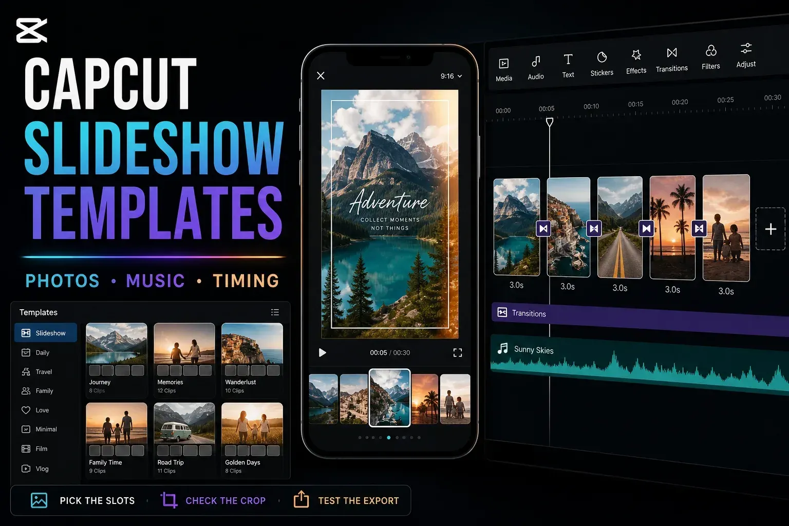 CapCut slideshow template workflow from photo slots and music to a timed export-ready sequence
