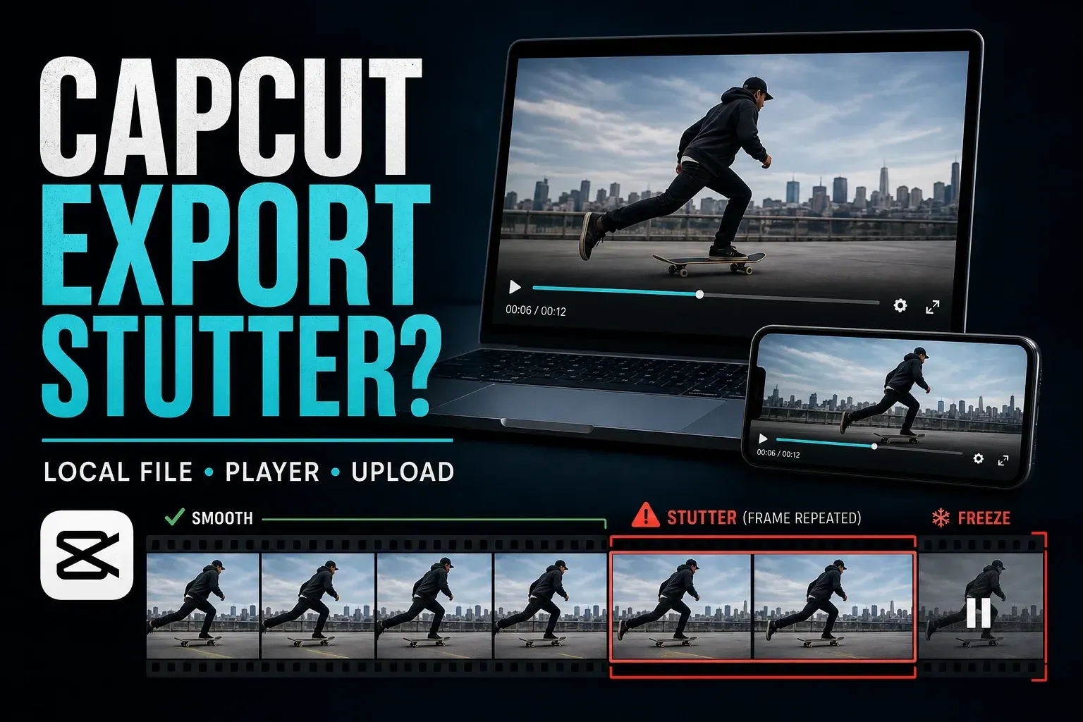 CapCut export motion compared as smooth, repeated-frame stutter and a frozen section