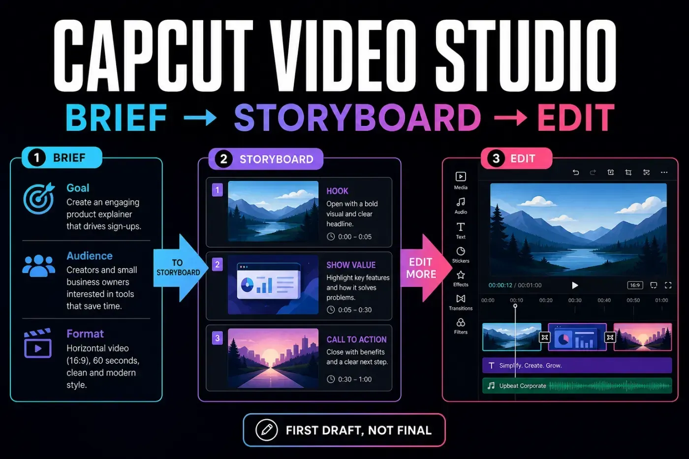 CapCut Video Studio workflow from a written brief through storyboard to timeline editing