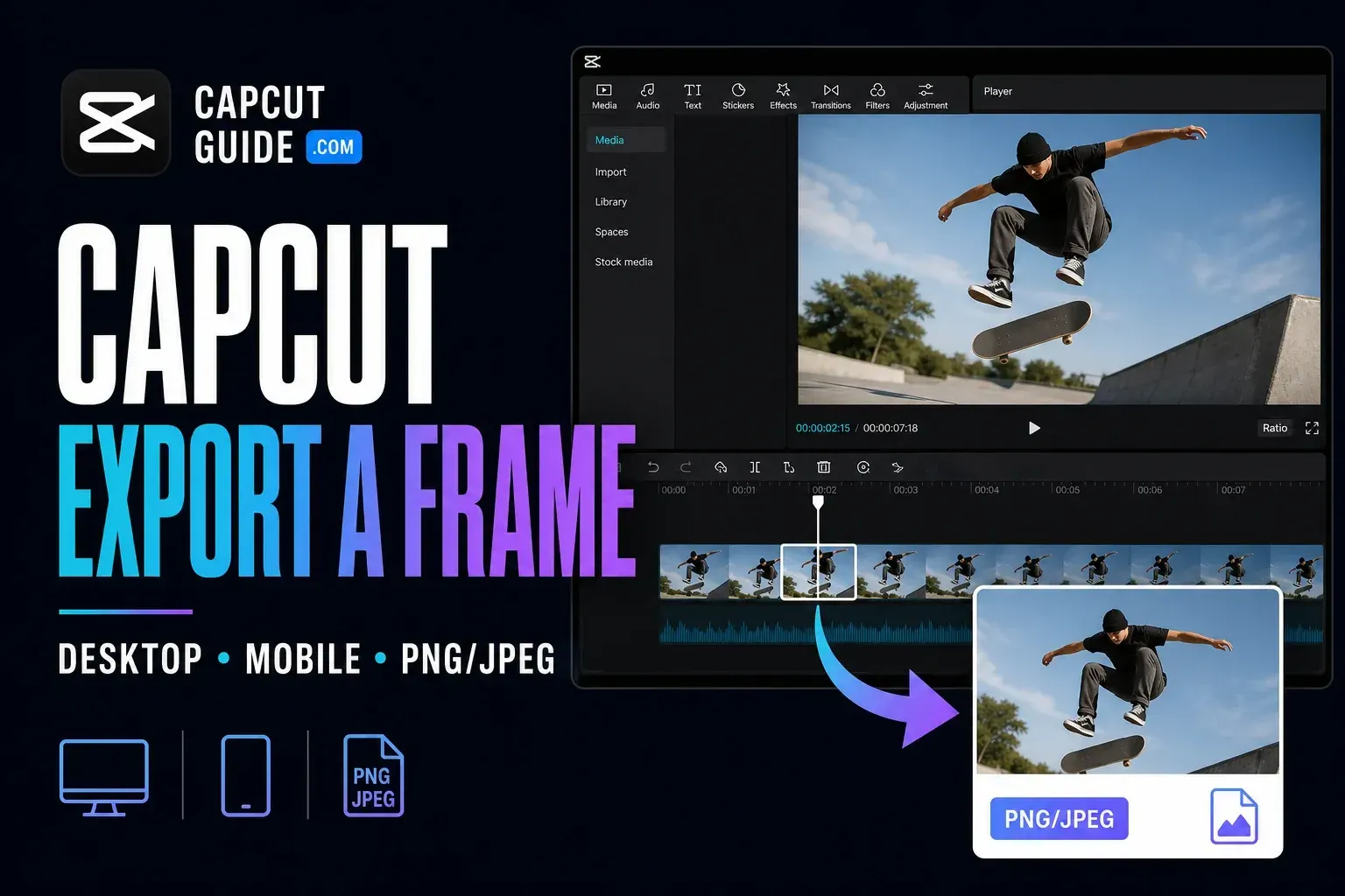 CapCut video timeline exporting one selected frame as a PNG or JPEG image
