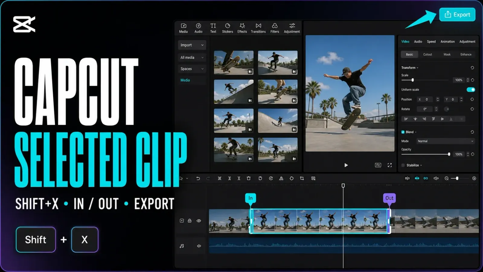 CapCut Desktop timeline with one selected clip marked for export using Shift+X