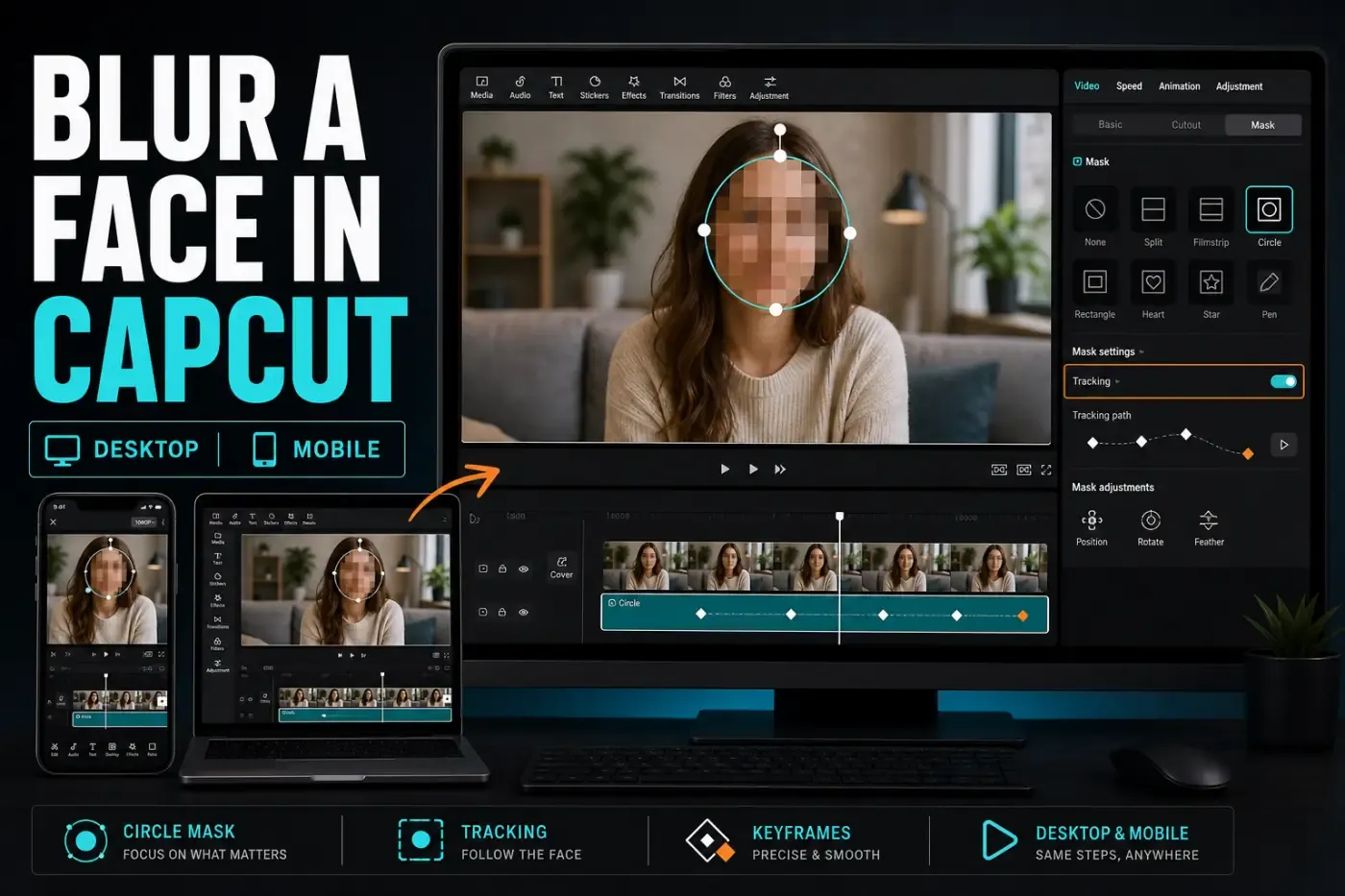 CapCut editor tracking a circular blur mask over a moving face