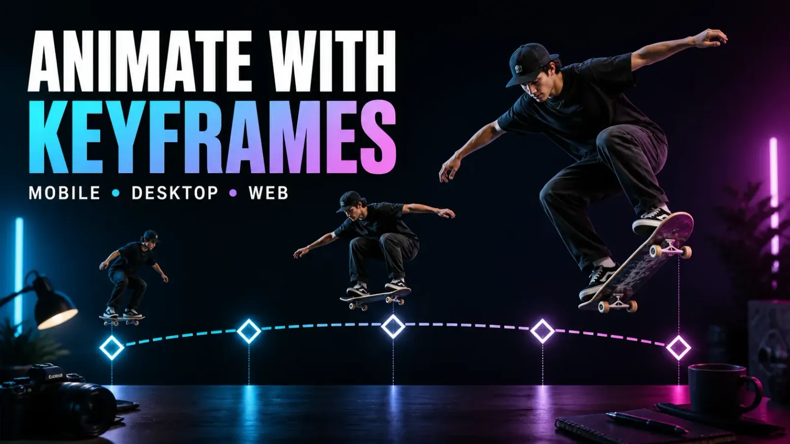Skateboarder shown at three sizes along a five-point keyframe motion path