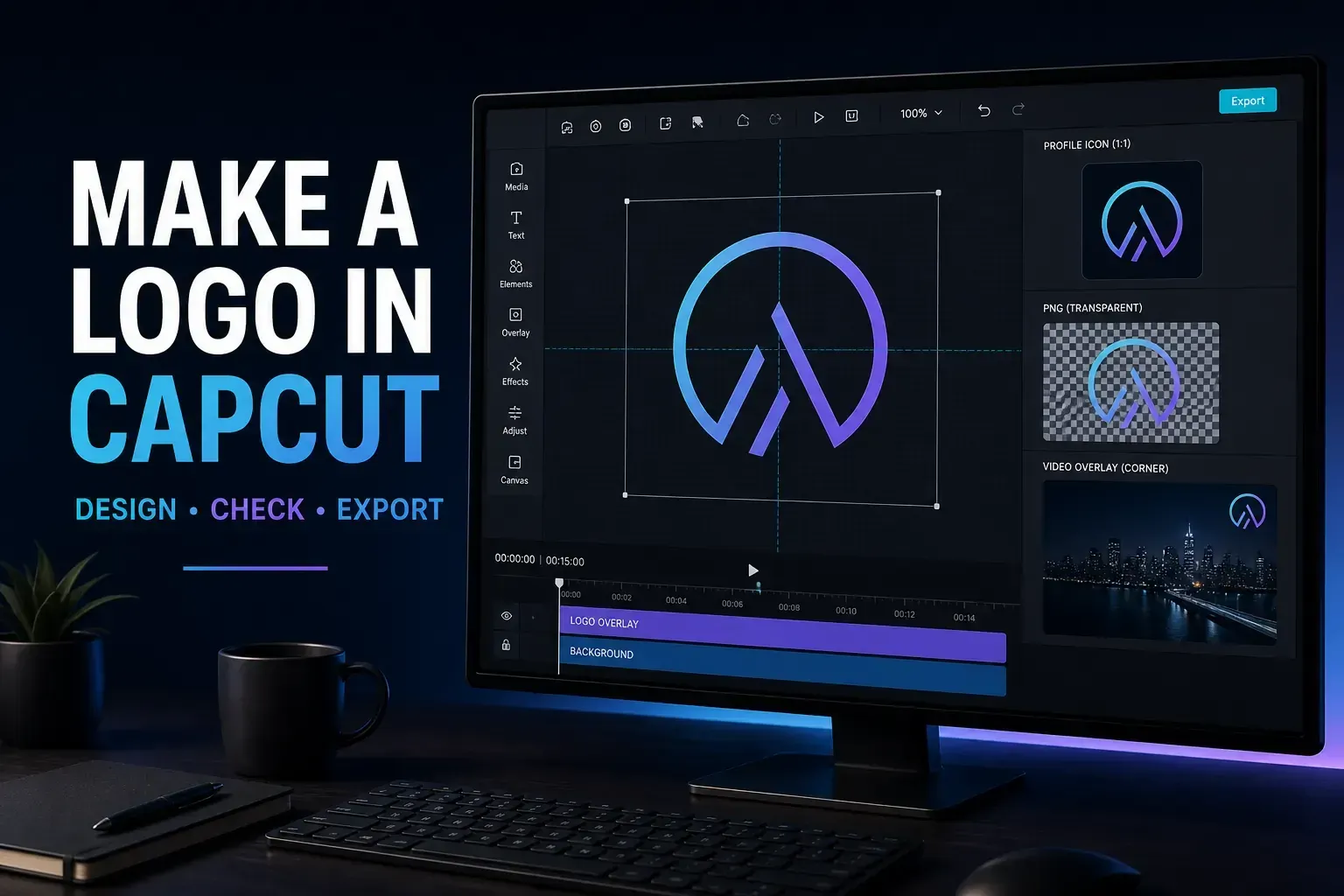 CapCut logo design workspace with transparent PNG, profile icon and video overlay outputs