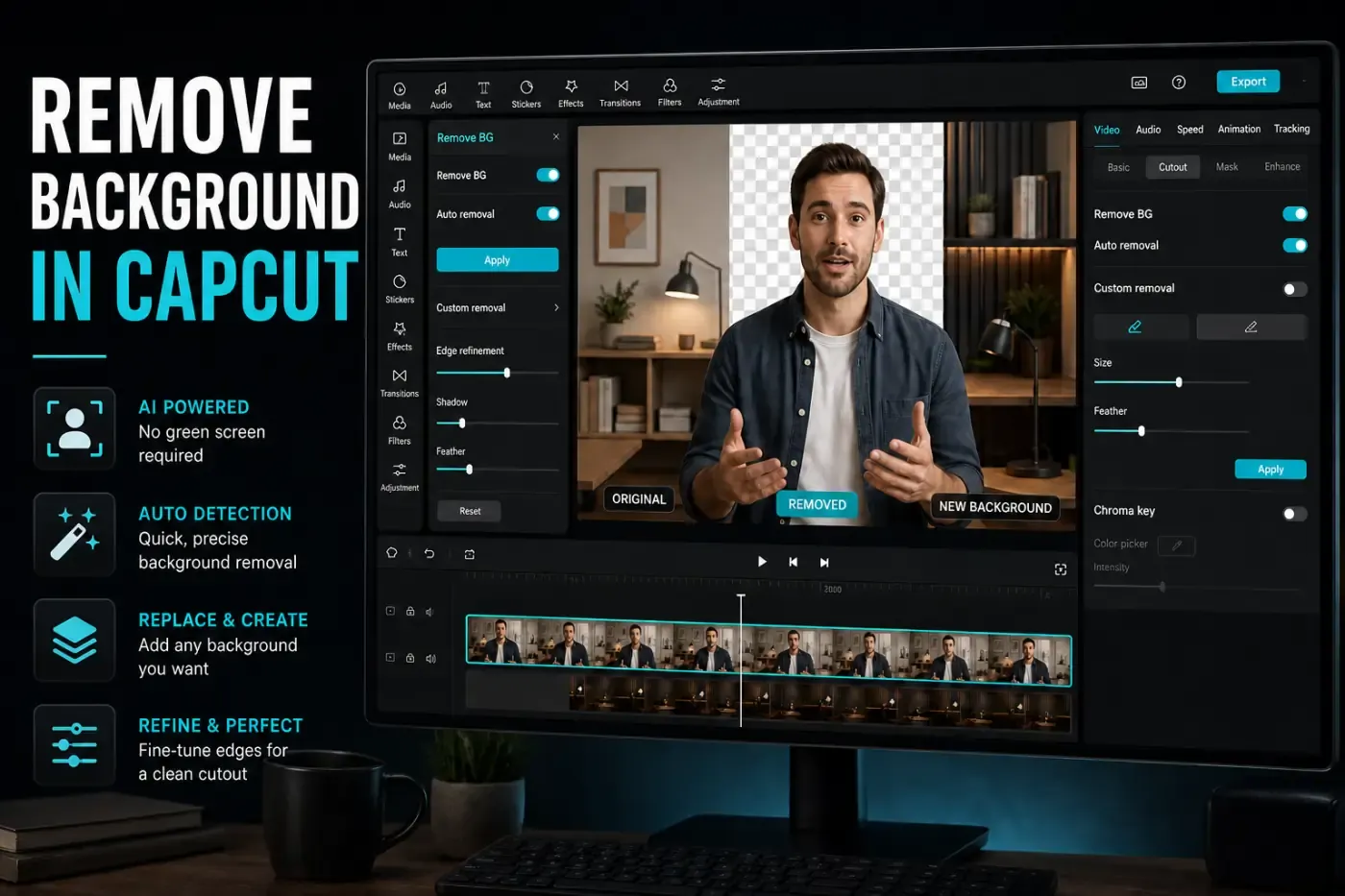 CapCut background removal editor showing a person cut out from a room and placed over a clean blue backdrop