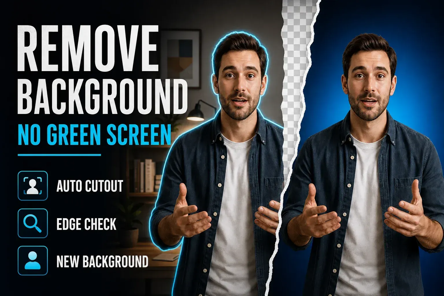Presenter shown before background removal, as a transparent cutout and on a clean blue replacement background