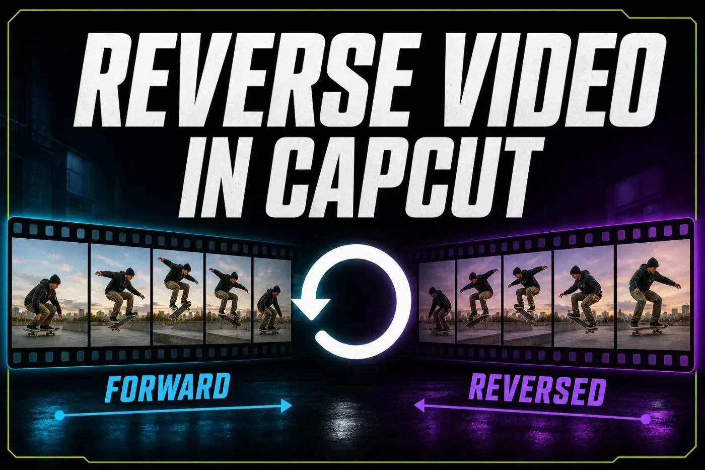 Forward and reversed skateboard filmstrips explaining video reversal in CapCut
