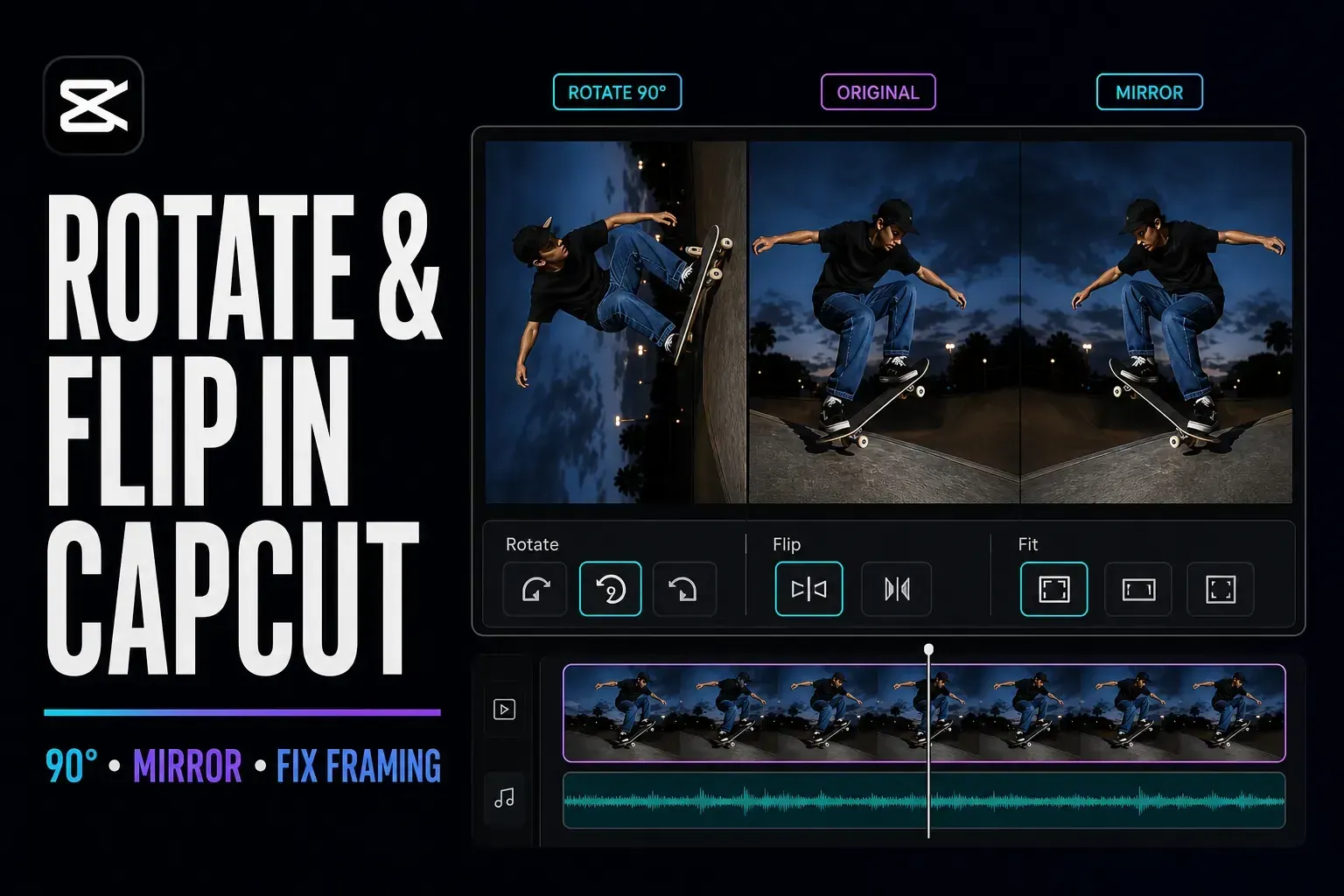 Sideways, upright and mirrored skateboard video demonstrating Rotate and Flip in CapCut