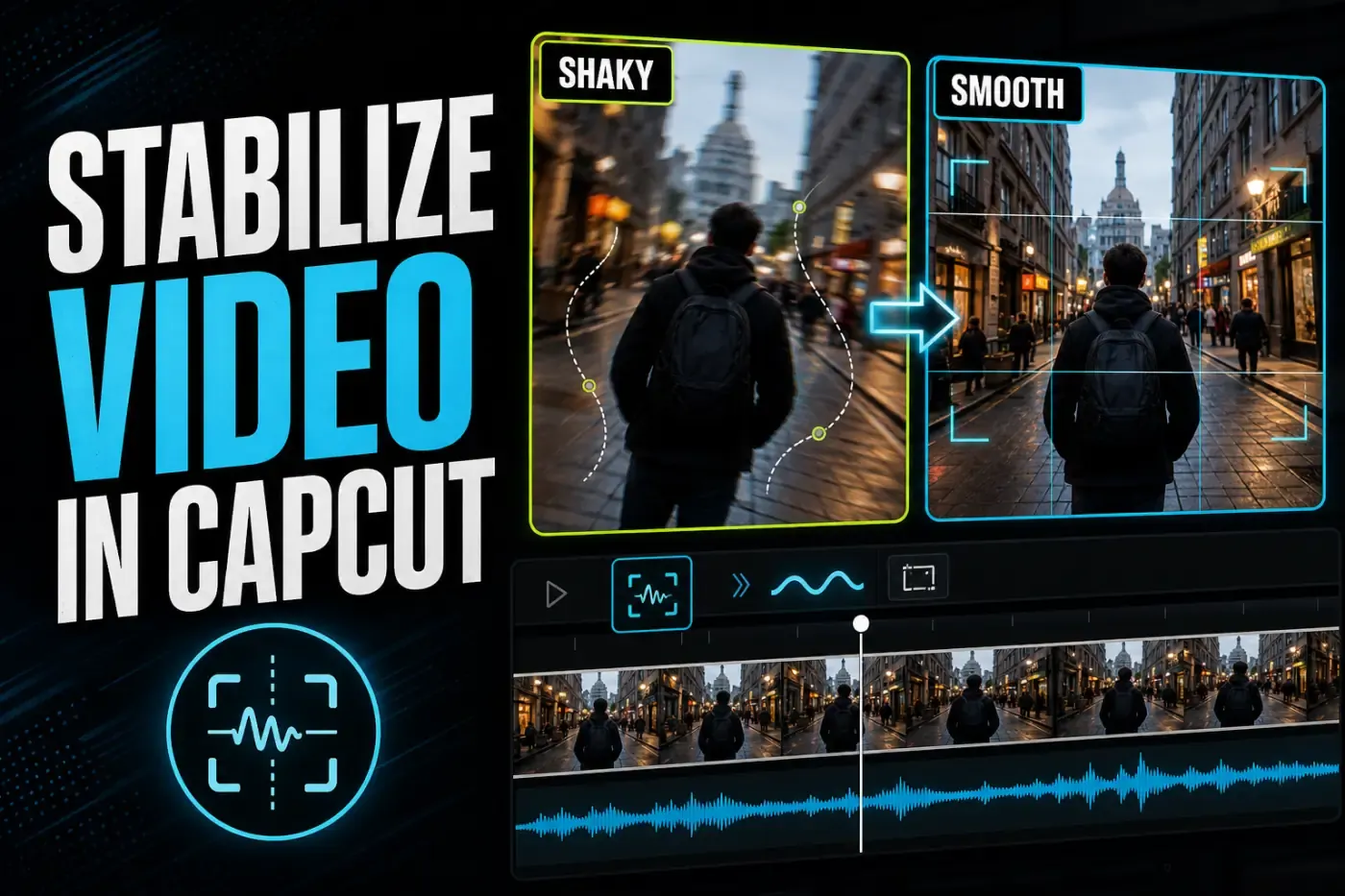 CapCut stabilization comparison showing a shaky walking clip before correction and a level steady frame after correction