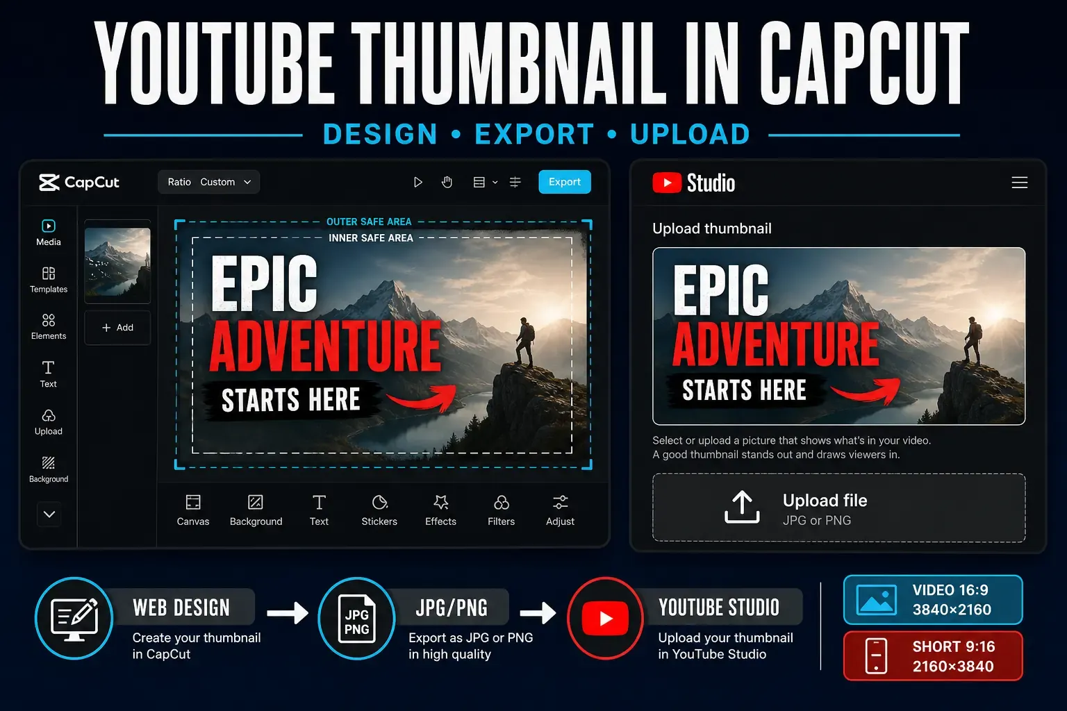 CapCut YouTube thumbnail design canvas and YouTube Studio upload workflow for videos and Shorts