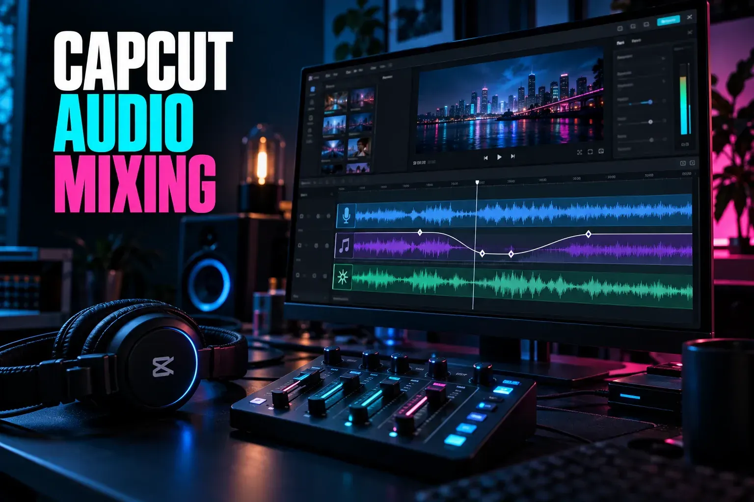 CapCut audio mixing workspace with voice music and sound effect tracks and ducking keyframes