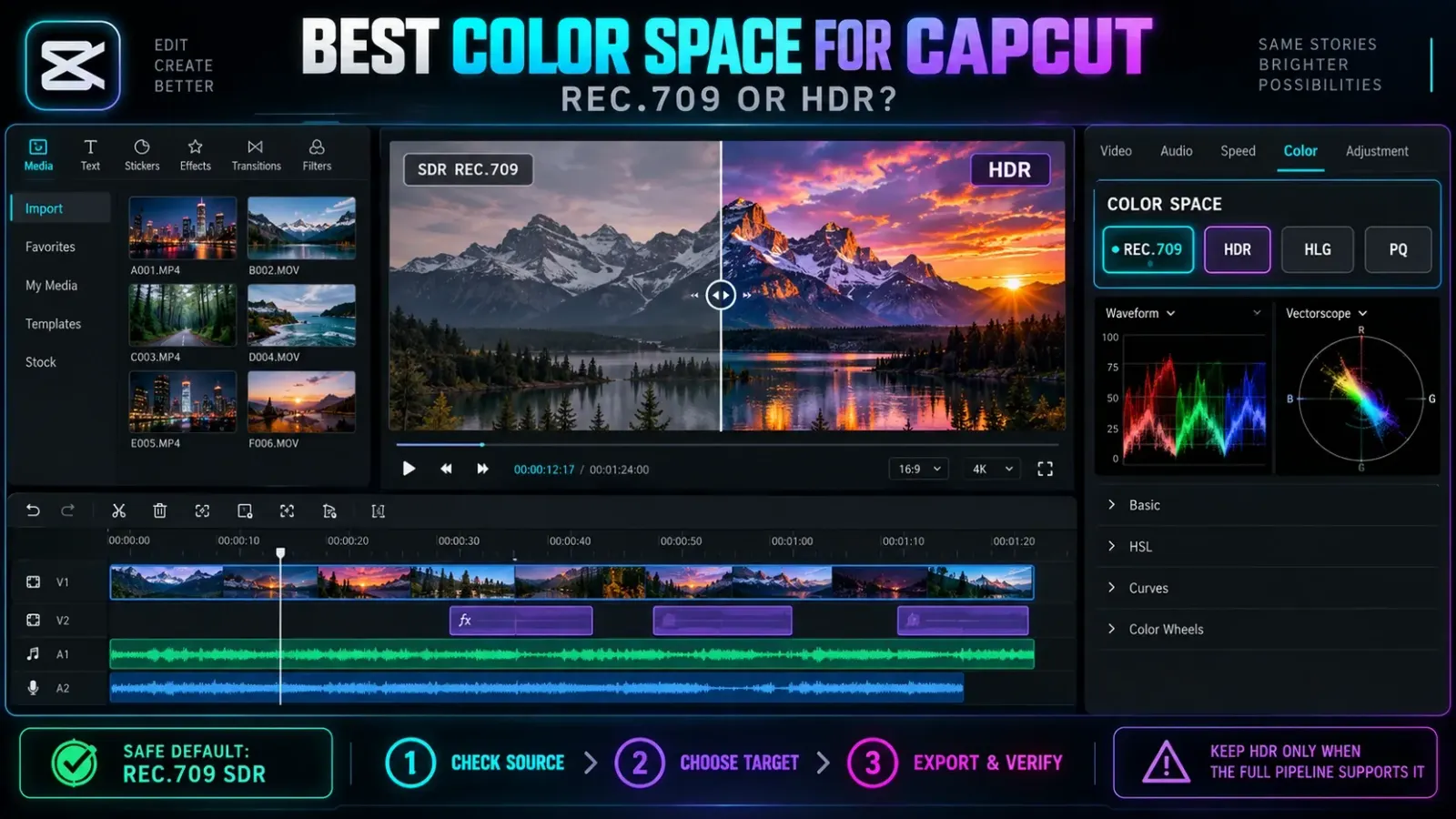 CapCut color workspace comparing Rec.709 SDR and HDR delivery paths
