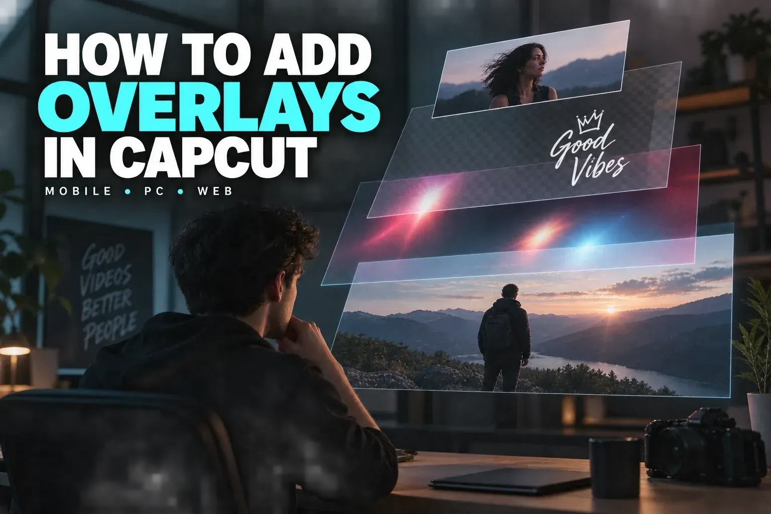 Stacked picture-in-picture, logo and light-texture layers for a CapCut overlay tutorial