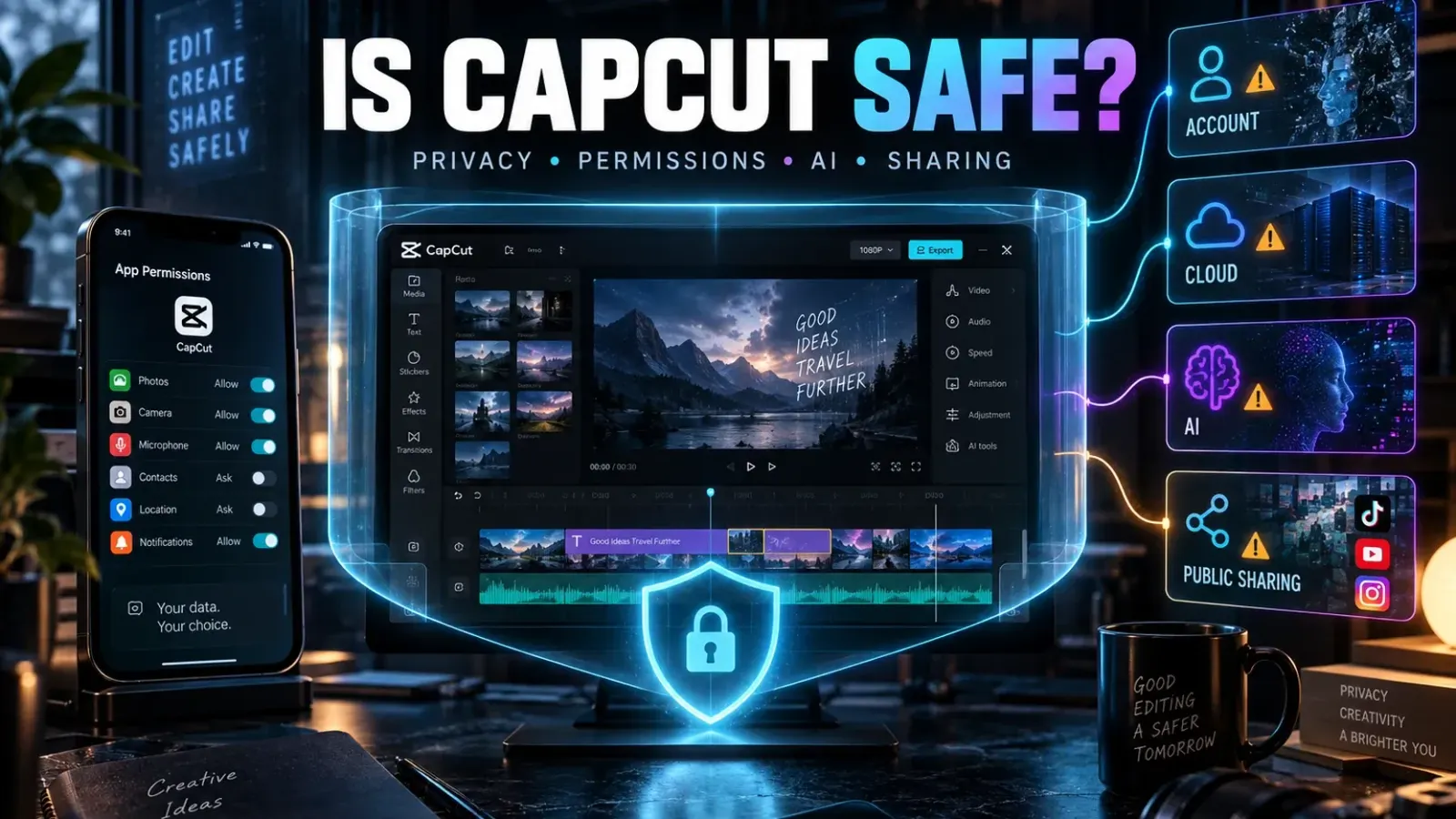 CapCut safety guide covering permissions, cloud storage, AI tools, privacy and account controls