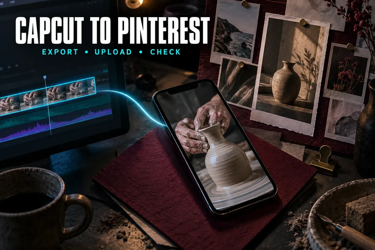 Pottery video moving from CapCut into a Pinterest Pin with a clear vertical frame