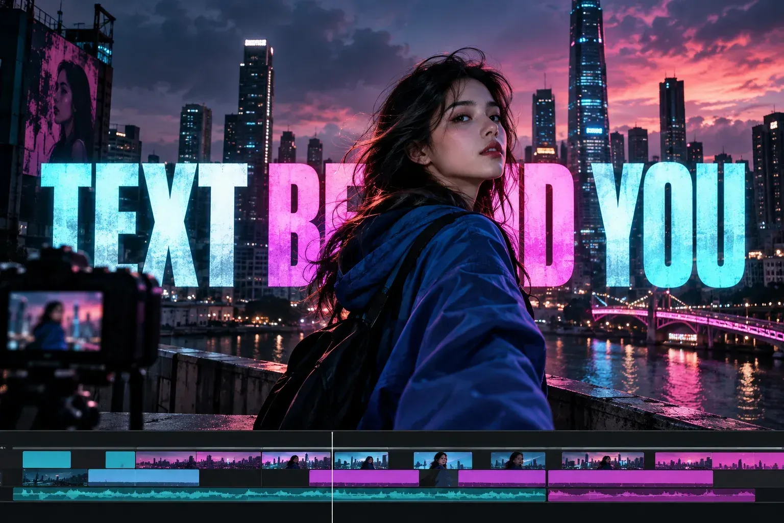 Video creator in front of large title letters with the city scene behind them