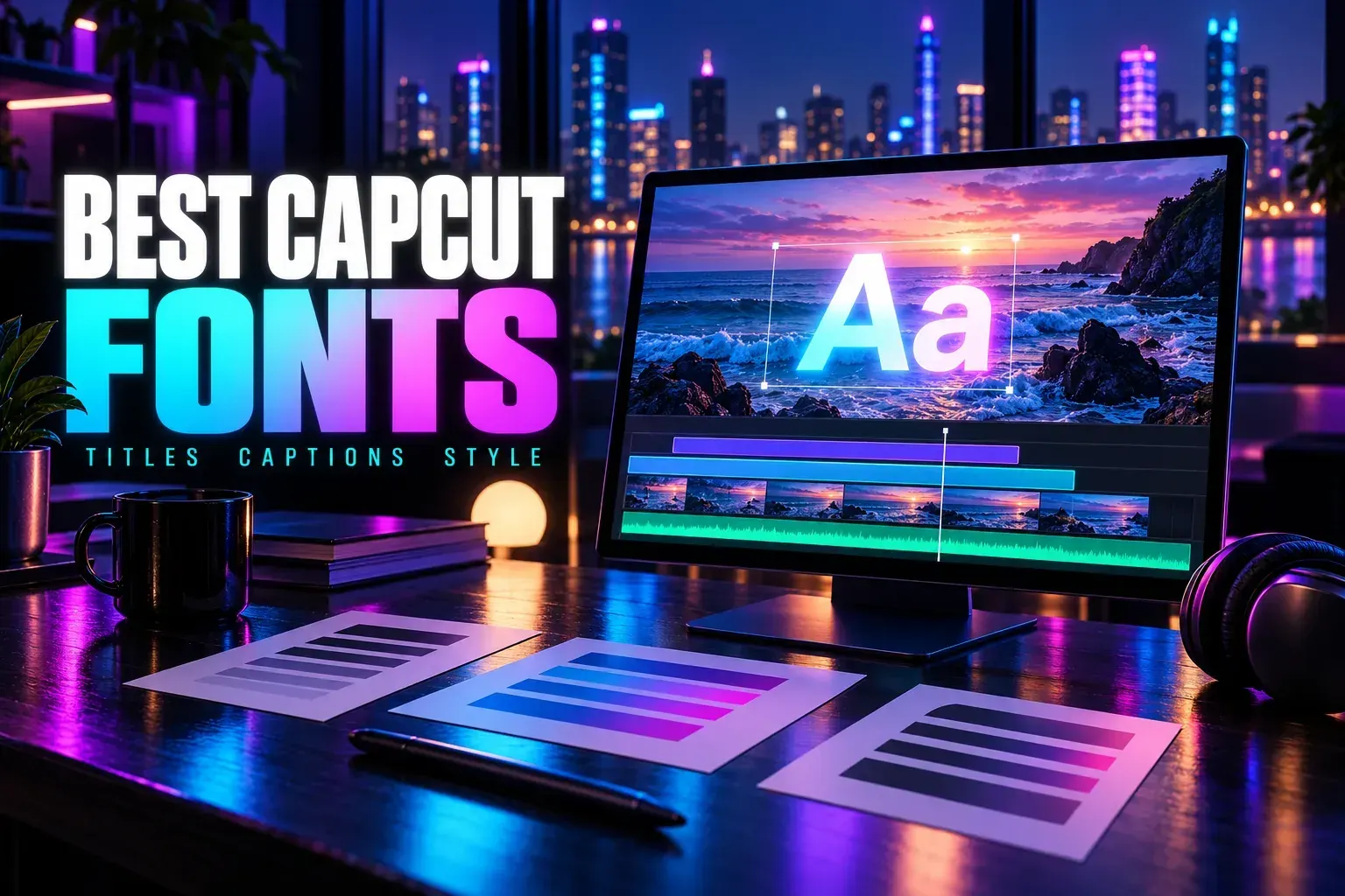 Best CapCut Fonts title beside a monitor showing a large Aa type sample over an ocean sunset frame, with printed type specimen cards