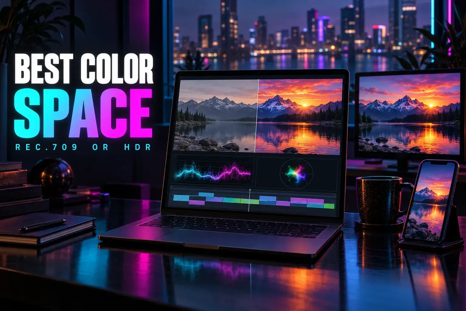 Laptop with a mountain lake split between softer SDR and brighter HDR colour, a waveform, a vectorscope, a clip timeline, a monitor and a phone with the same lake, titled Best Color Space