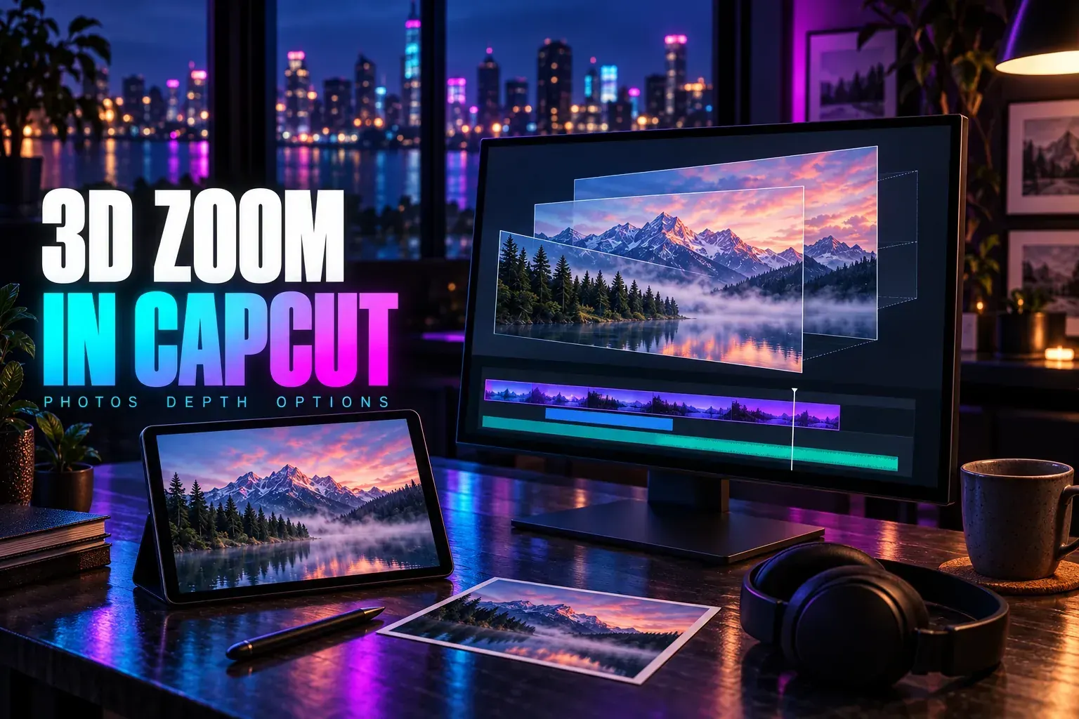 Photo depth layers on a monitor beside a tablet under the title 3D Zoom in CapCut