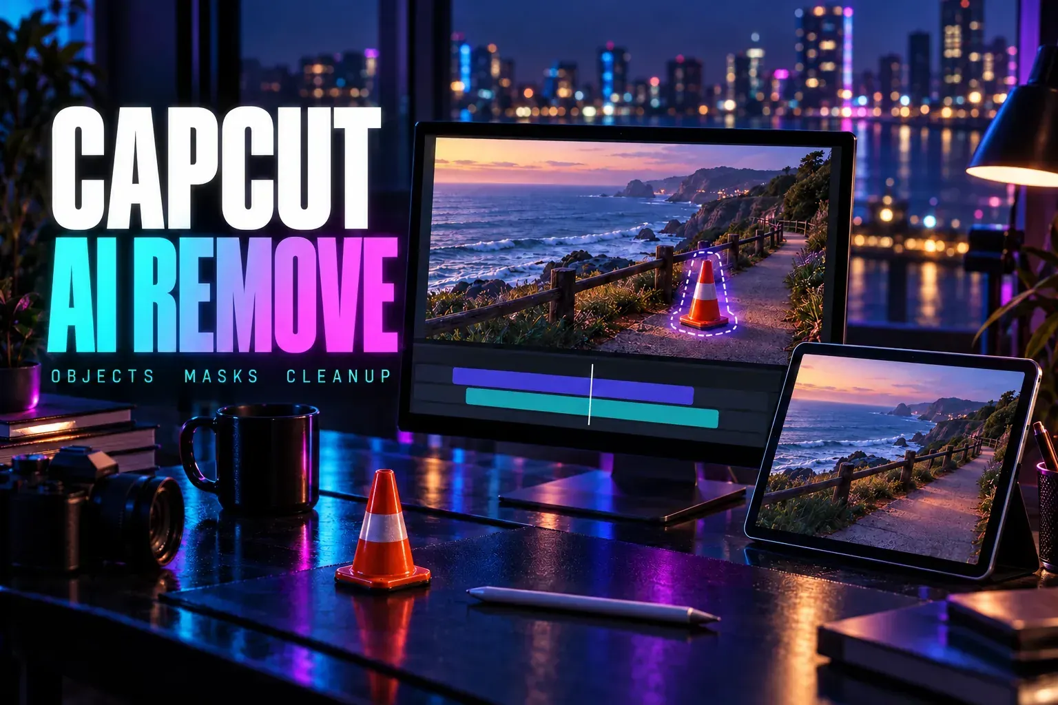 Coastal video with a selected traffic cone on a monitor beside the title CapCut AI Remove