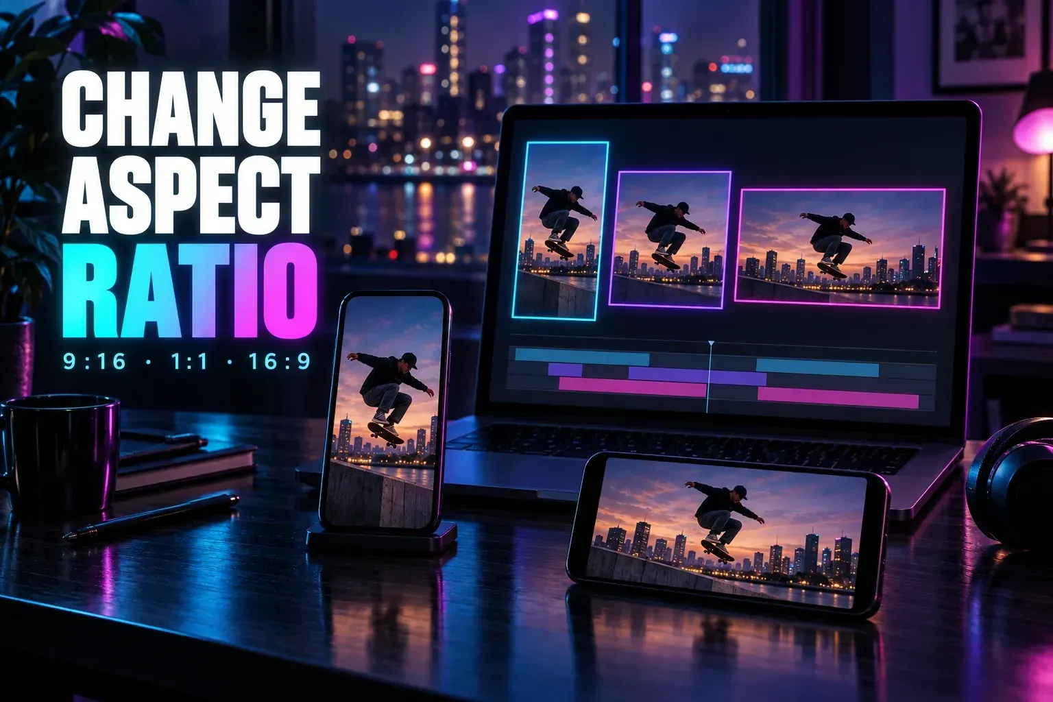 Laptop showing a skateboarder at dusk in vertical, near-square and wide frames above a timeline, the same shot on an upright and a sideways phone, under the title Change Aspect Ratio