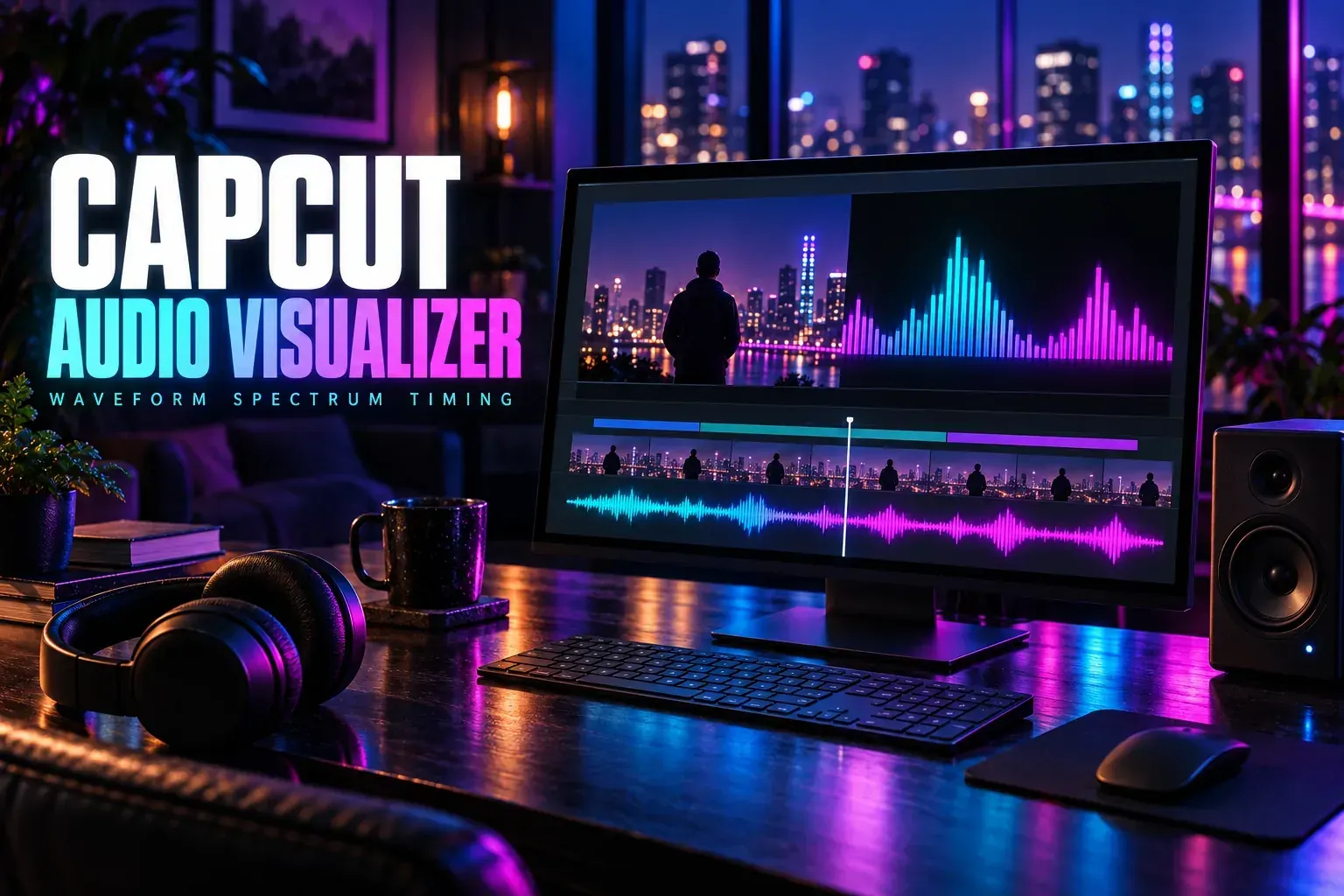 Audio spectrum on a monitor beside a speaker and headphones under the title CapCut Audio Visualizer