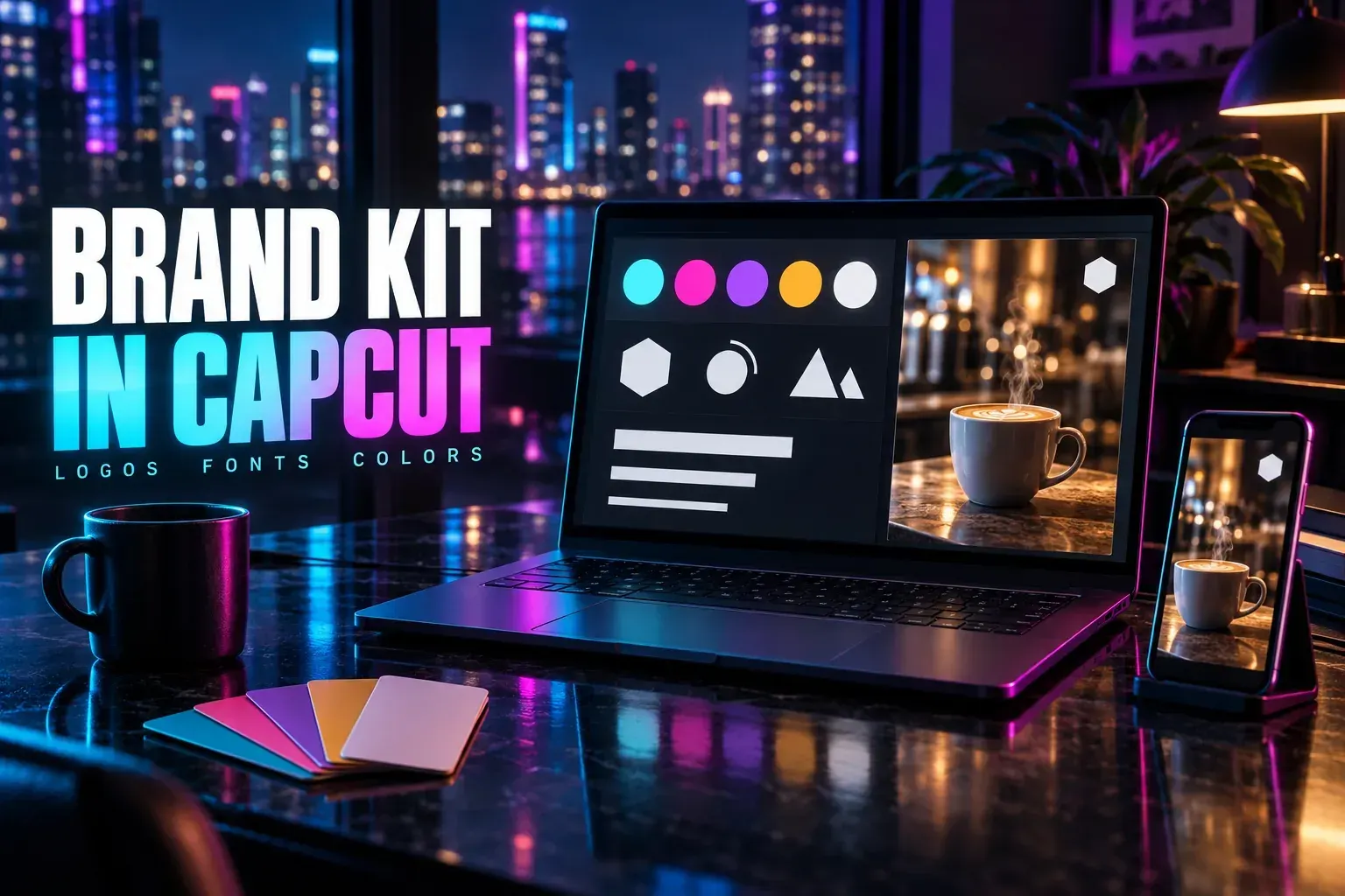 Laptop with a brand panel of five colour swatches, three geometric logo marks and blank type bars beside a latte frame with a hexagon mark, a phone, a swatch fan, titled Brand Kit