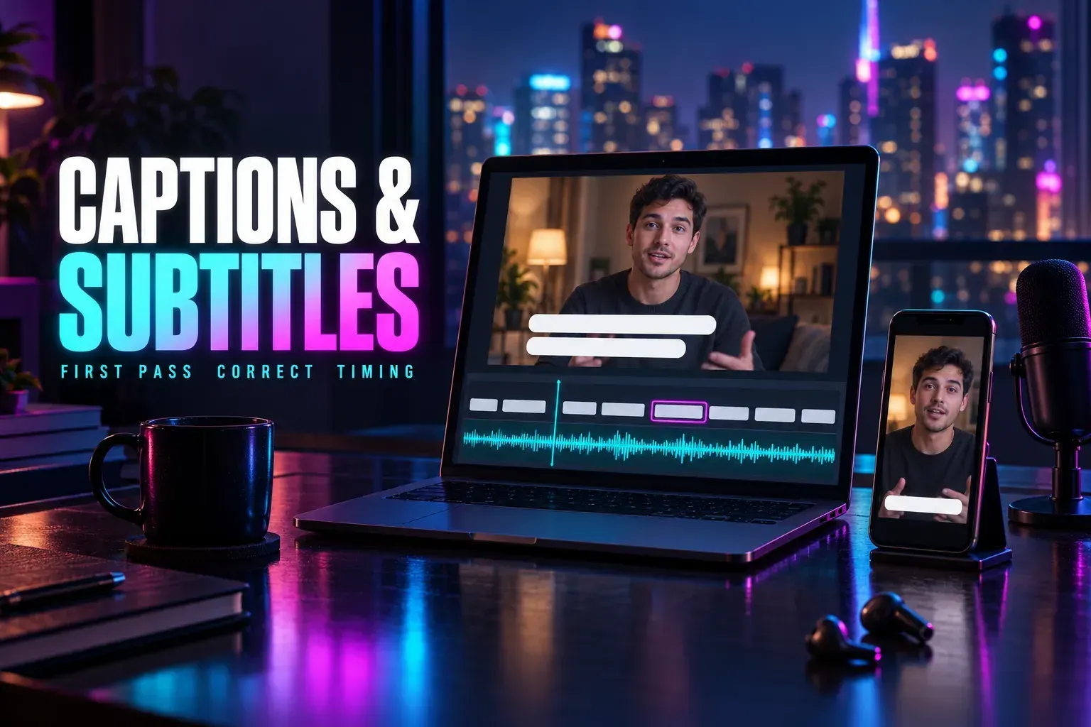 Laptop with a man speaking over two blank caption bars, caption blocks above a cyan waveform with one outlined in magenta, a phone, mic and earbuds, under the title Captions & Subtitles