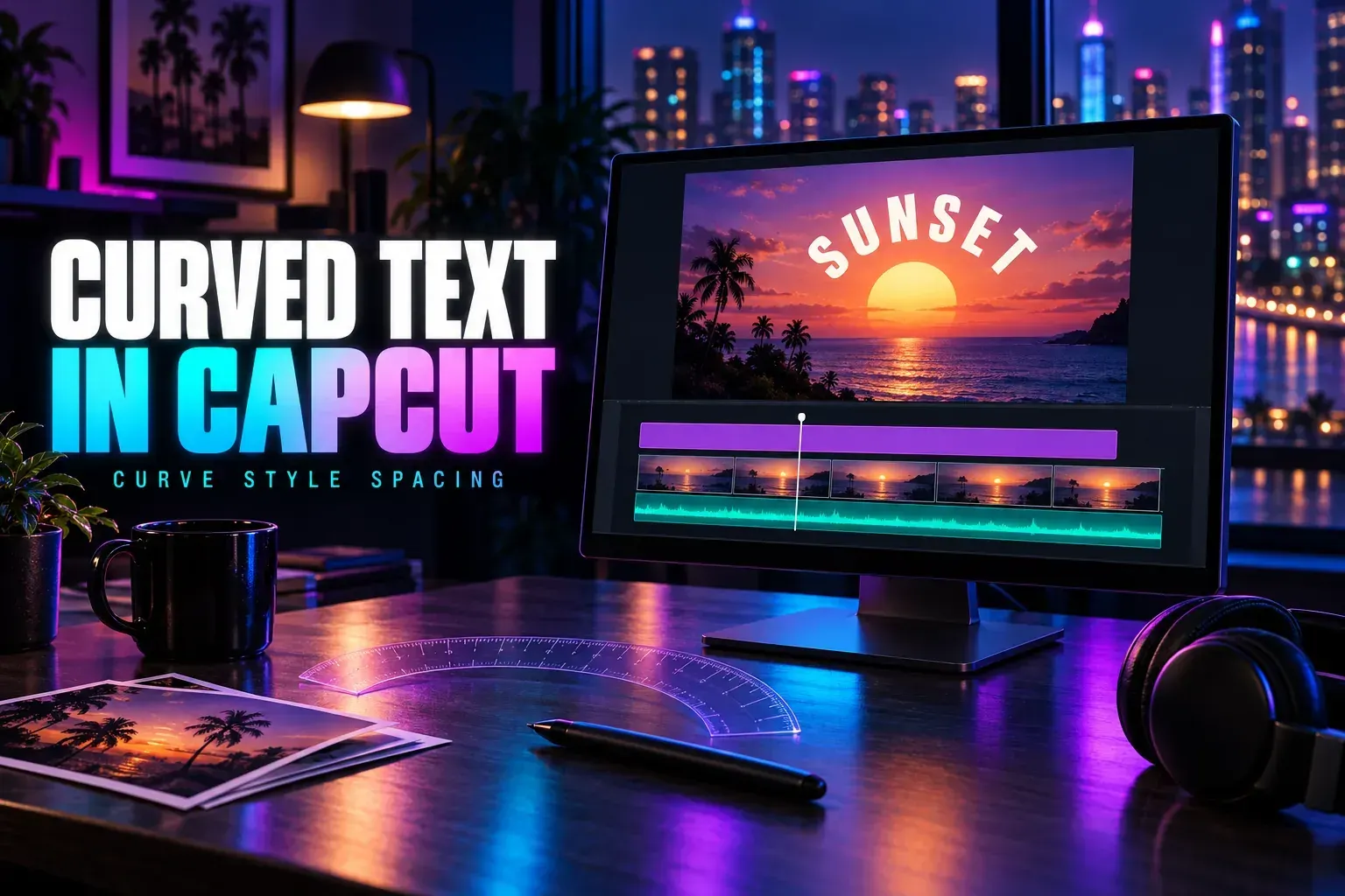 Poster with a curved Sunset title on an editing monitor beside the title Curved Text in CapCut