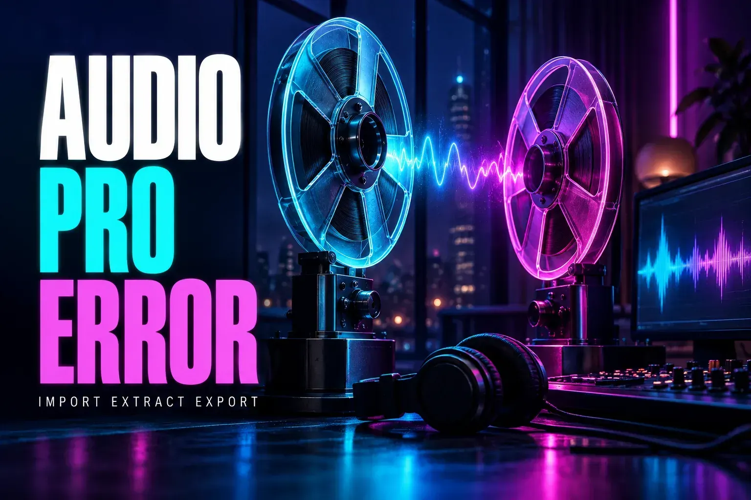 Neon cyan and magenta audio reels beside a monitor waveform and headphones under the title Audio Pro Error
