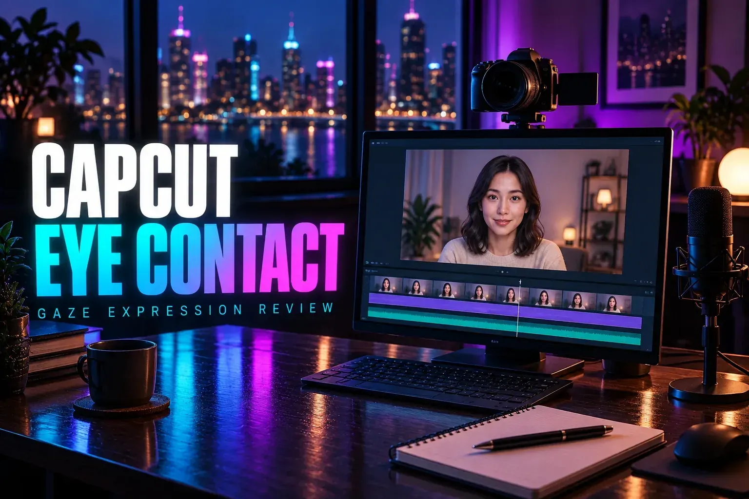 Camera above a presenter video monitor beside a microphone under the title CapCut Eye Contact
