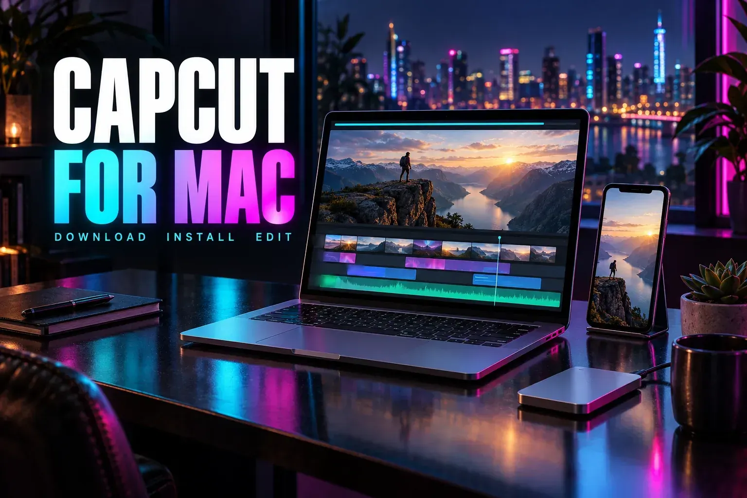 Laptop with a hiker above a fjord at sunset, a cyan install bar nearly full along the top and a layered timeline below, a phone with the same shot and a drive, under the title CapCut for Mac