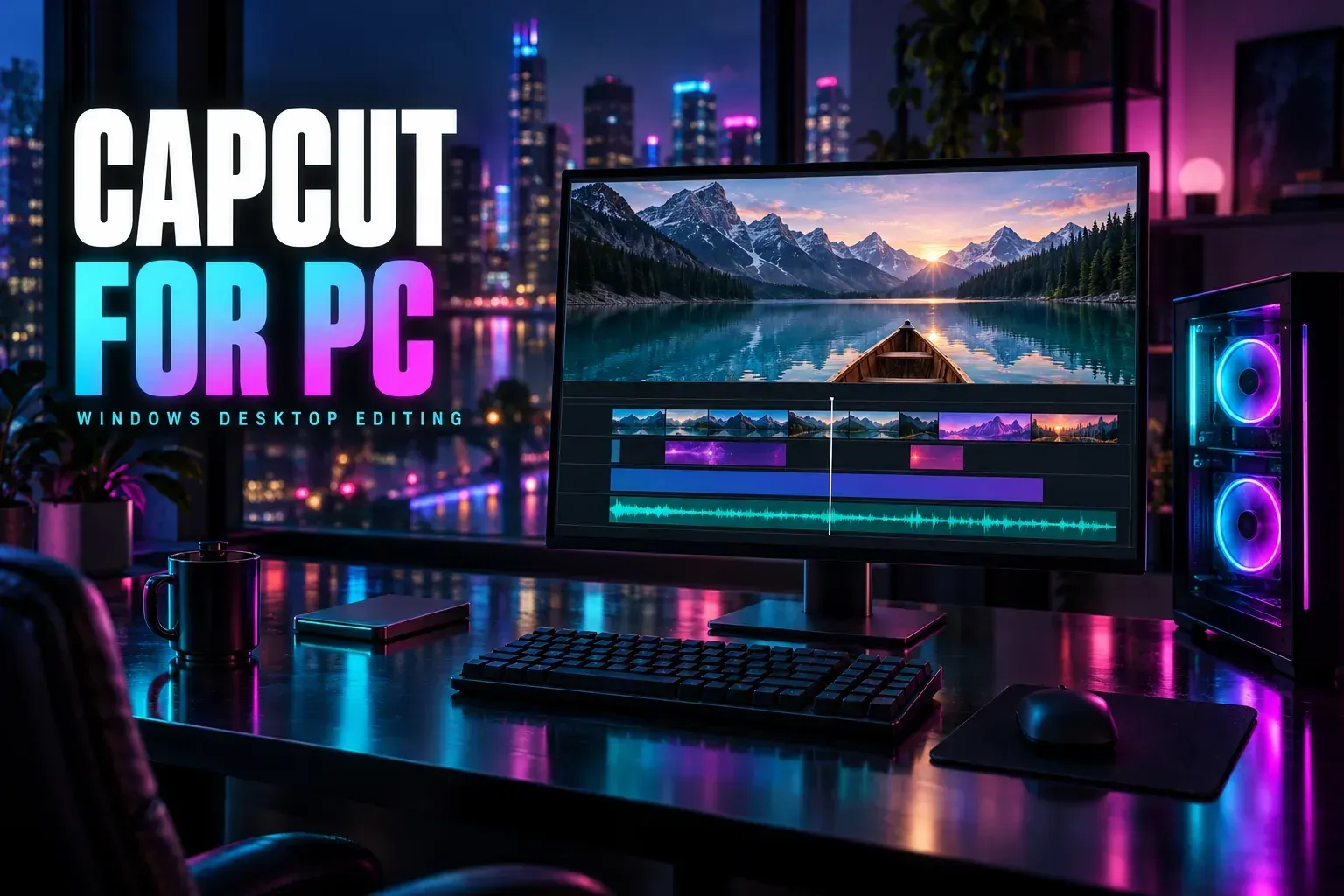 Desktop monitor with a canoe on a mountain lake above a layered timeline, a glowing PC tower, keyboard and mouse on a neon-lit desk, under the title CapCut for PC